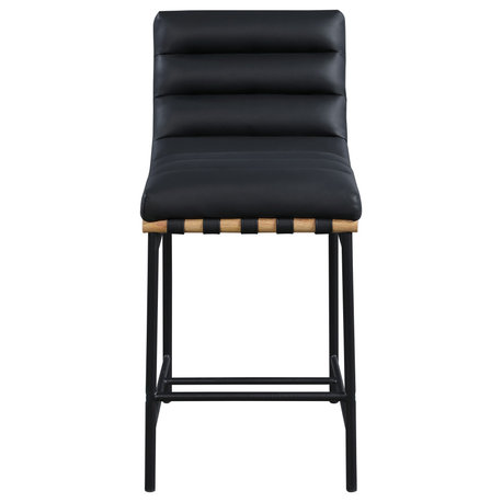 Burke Counter Stool, Black, Vegan Leather, White Oak Veneer Metal Dowel