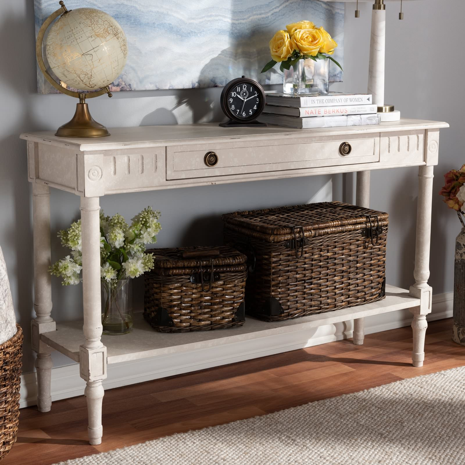 Country Cottage Console Table, Shelf & Large Storage Drawer, Rustic Whitewash - French Country ...