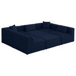 Meridian Furniture - Cube Upholstered Modular Sectional, Navy, 6-Piece: 3 Armless Chair, 2 Corner Chair, 1 Ottoman, Linen Texured Fabric - Treat yourself to some long overdue "me time" when you're seated on this Cube 6-Piece Modular Sectional. This beautiful modular unit is both eye-catching and elegant, features durable linen textured upholstery in a soft navy color that meshes well with nearly any existing color scheme. Pair this modular Sectional with other items in the same collection to create an unlimited number of combinations and enjoy the custom seating arrangement of your dreams. Latches underneath make it easy to attach pieces to one another.