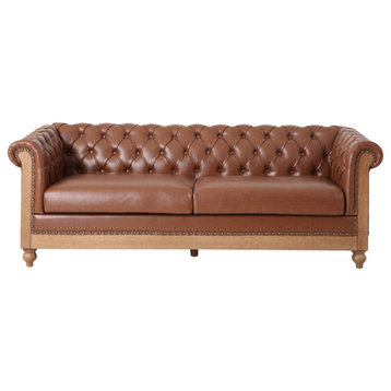 Kinzie Chesterfield Tufted 3 Seater Sofa with Nailhead Trim, Cognac, Pu