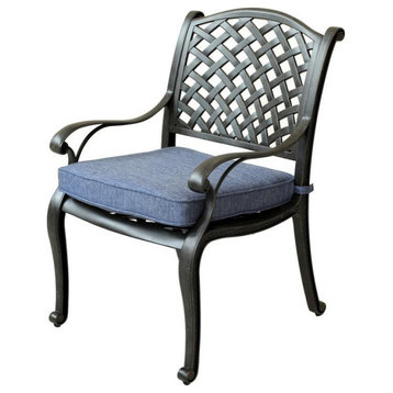 Stinson Indoor/Outdoor Dining Arm Chair With Cushion, Dark Lava Bronze/Navy Blue