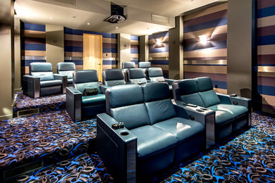 Inspiration for a contemporary enclosed home theatre in San Francisco with carpet, a projector screen and multi-coloured floor.