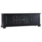 Crosley - Alexandria 60" Low Profile TV Stand, Black Finish - Enhance your living space with Crosley's impeccably-crafted low profile TV stand. This signature cabinet accommodates most 60" flat panel TVs, and is handsomely proportioned featuring character-rich details sure to impress. The hand rubbed, multi-step Black finish with brushed nickel hardware is perfect for blending with the family of furniture that is already part of your home. Raised panel doors strategically conceal stacks of CD/DVDs, and various media paraphernalia. Tempered beveled glass doors not only add a touch of class; they protect those valued electronic components, while allowing for complete use of remote controls. Adjustable shelving offers an abundance of versatility to effortlessly organize by design, while cord management tames the unsightly mess of tangled wires. Style, function, and quality make this cabinet a wise choice for your home furnishings needs.