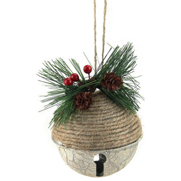 5" Green Rustic Pine Cone and Holly Berry Jingle Bell Christmas Ornament