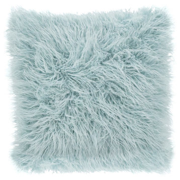 Mongolian Faux Fur Poly Filled Throw Pillow, Ice Blue, 18"x18"
