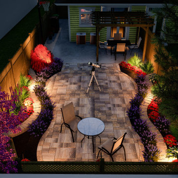 3D Design and Install of Pavers with Outdoor Lighting, Mulch, Shrubs, Rocks