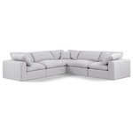 Meridian Furniture - Comfy Upholstered L-Shaped Modular Sectional, White, 5-Piece: 2 Armless Chair, 3 Corner Chair, Linen Textured Fabric - Give your space a whole new look with this white Comfy linen textured fabric sectional. This handsome sectional fits nicely with other items in the Comfy collection and is a versatile seating option designed for adaptability, comfort and style. Wrapped in rich white durable linen textured fabric upholstery, this sectional offers a plush embrace of overstuffed down feather cushions, carefully crafted to deliver the highest level of comfort. The perfect seat for creating an oasis for relaxation, this sectional has thick foam surrounding its frame for added support and coziness.