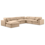 Meridian Furniture - Comfy Upholstered U-Shaped Modular Sectional, Beige, 7-Piece: 3 Armless Chair, 3 Corner Chair, 1 Ottoman, Velvet - Give your space a whole new look with this beige Comfy velvet sectional. This handsome sectional fits nicely with other items in the Comfy collection and is a versatile seating option designed for adaptability, comfort and style. Wrapped in rich beige durable velvet upholstery, this sectional offers a plush embrace of overstuffed down feather cushions, carefully crafted to deliver the highest level of comfort. The perfect seat for creating an oasis for relaxation, this sectional has thick foam surrounding its frame for added support and coziness.