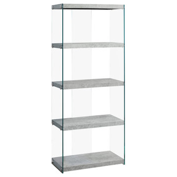 Bookshelf Etagere 5 Tier 60"H Office Bedroom Tempered Glass Laminate Grey Clear