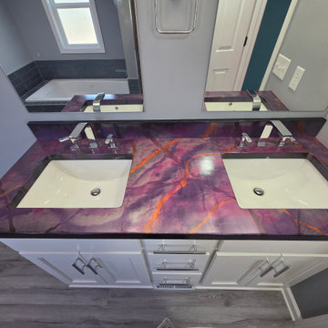 Bathroom Vanity with Purple and Copper Marbled Countertop
