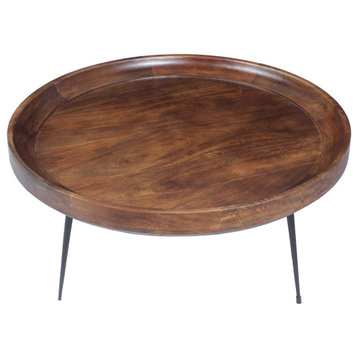 Benzara UPT-183000 Round Mango Wood Coffee Table With Metal Legs, Brown & Black