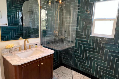 Example of an arts and crafts green tile and ceramic tile ceramic tile and white floor walk-in shower design