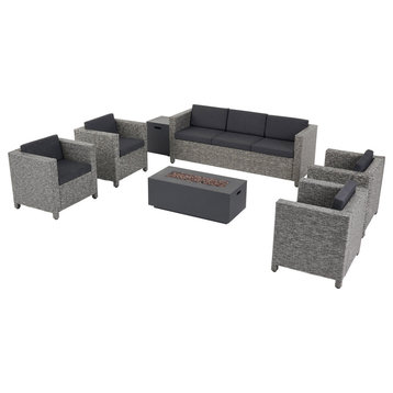 Mignon Outdoor 7 Seater Wicker Set With Fire Pit, Mix Black/Dark Gray