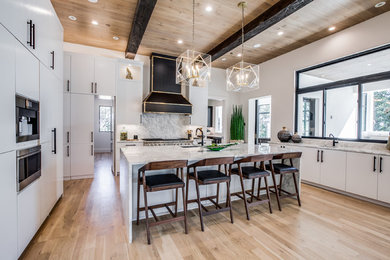 Kitchen - large mediterranean light wood floor and beige floor kitchen idea in Dallas with flat-panel cabinets, marble countertops, marble backsplash, stainless steel appliances, an island, an undermount sink, gray cabinets, gray backsplash and gray countertops