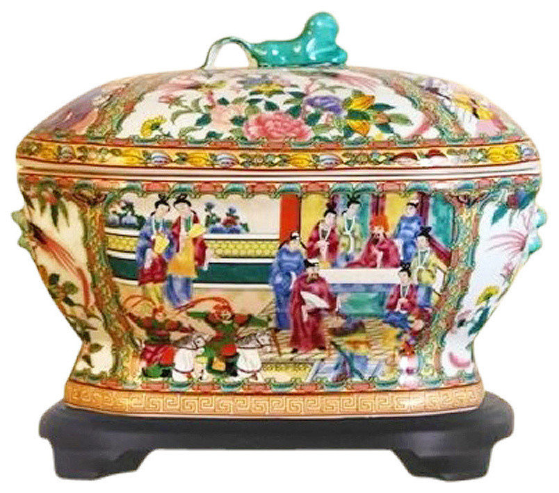 Coral Pink Orange Off White Flowers Fishes Graphic Round Ceramic Jar ws1142S Coral Pink Orange Off White Flowers Fishes Graphic Round Ceramic Jar ws1142S