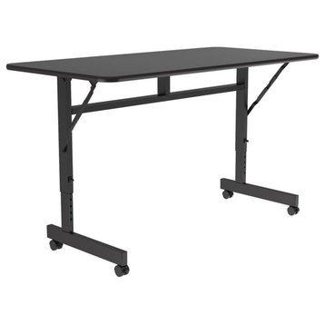 Pemberly Row 24"W x 48"D Contemporary Metal Wood Flip Top Table in Black Granite