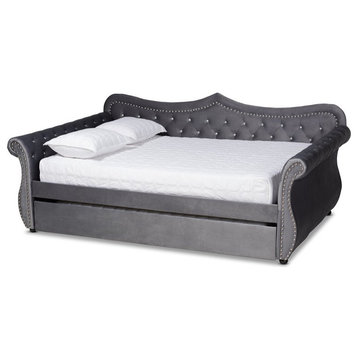 Baxton Studio Abbie Gray Velvet Crystal Tufted Queen Size Daybed with Trundle