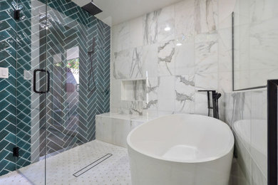 Inspiration for a large contemporary master multicolored tile and ceramic tile marble floor, white floor and double-sink bathroom remodel in Austin with furniture-like cabinets, beige cabinets, a one-piece toilet, white walls, an undermount sink, quartz countertops, a hinged shower door, white countertops and a freestanding vanity