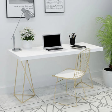47" White Writing Desk Wood Top Rectangular Home Office Desk 2 Gold Pedestal 47