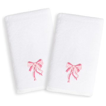 Linum Kids Embroidered 100% Turkish Cotton Hand Towels, Pink Bow, Set of 2