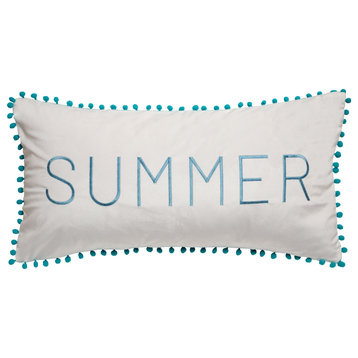 Summer White and Blue Pom Throw Pillow, Insert Included, 14"x26"