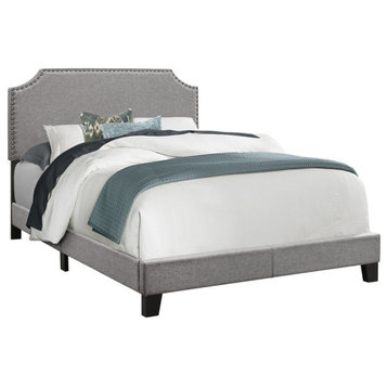 Bed With Nailhead Trim, Gray/Chrome, Full, Material: Linen