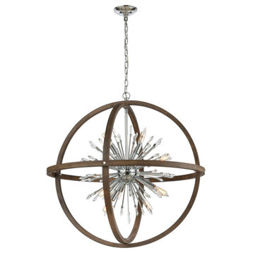 Morning Star 6-Light Chandelier, Aged Wood and Polished Chrome