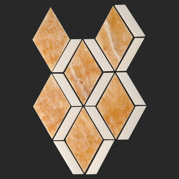 Honey Onyx and Thassos White Mix Diamond Waterjet Tile Mosaic