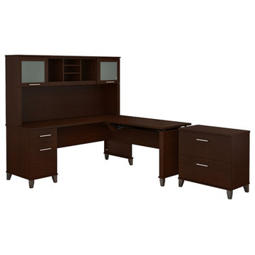 Pemberly Row Sit to Stand L Desk with Hutch and Cabinet in Cherry