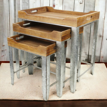 Set Of 3 Wood Top Nesting Table With Side Handles And Galvanized Metal Base