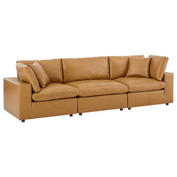 Commix Down Filled Overstuffed Vegan Leather 3-Seater Sofa, Tan