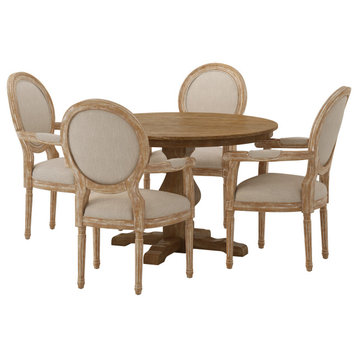 Bryan French Country Fabric Upholstered Wood 5-Piece Circular Dining Set, Natural/Beige