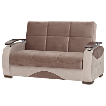 Modern Sleeper Loveseat, Microfiber Seat With Raised Rounded Wooden Arms, Brown