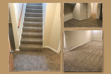 Design ideas for a medium sized classic fully buried basement in Minneapolis with beige walls, carpet and beige floors.