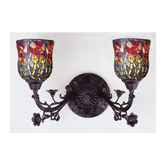Meyda Lighting 19"W Red Rosebud 2 Light Wall Sconce, Purple/Blue Burgundy