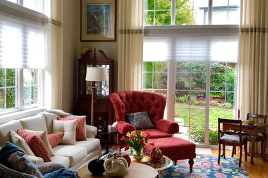 Example of a classic living room design in Chicago with beige walls