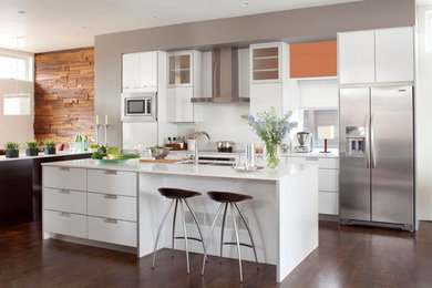 Design ideas for a contemporary galley eat-in kitchen in Denver with flat-panel cabinets, white cabinets, dark hardwood floors, a drop-in sink, stainless steel appliances and with island.