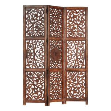 vidaXL Solid Mango Wood Hand Carved 3-Panel Room Divider Brown Privacy Screen