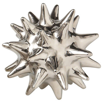 Luxe Silver Metallic Spiked Ceramic Ball 7" Sea Urchin Decorative Sculpture