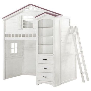 ACME Tree House Twin Loft Bed, Pink & White Finish