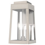 Livex Lighting - Livex Lighting 20855-91 Oslo - 16" Three Light Outdoor Wall Lantern - This updated industrial design comes in a taperingOslo 16" Three Light Brushed Nickel Clear *UL Approved: YES Energy Star Qualified: n/a ADA Certified: n/a  *Number of Lights: Lamp: 3-*Wattage:60w Candelabra Base bulb(s) *Bulb Included:No *Bulb Type:Candelabra Base *Finish Type:Brushed Nickel
