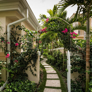 This is an example of a transitional side yard garden path in New York.