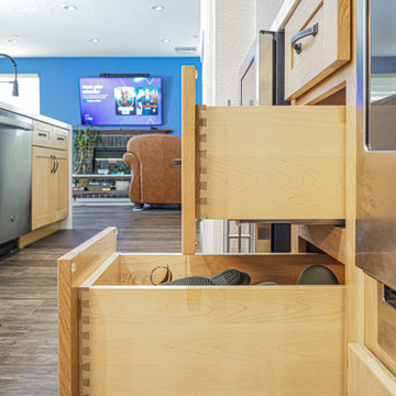 Modern Light Oak Shaker Kitchen with Waterfall Quartz Island P3| The Cabination