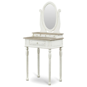 Traditional Vanity Table, Natural Mindi Wood Top & Oval Mirror, Distressed White