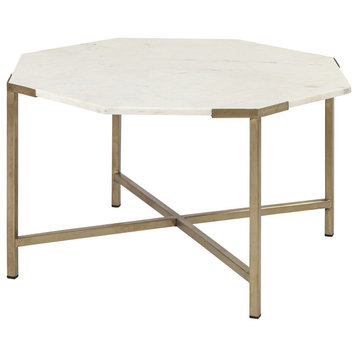 HomeRoots Hexagon White Marble Top and Gold Metal Base Coffee Table