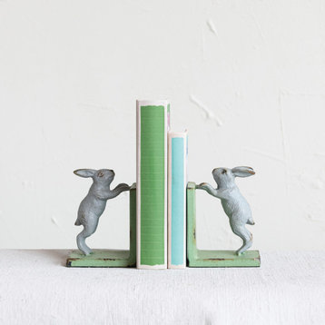2-Tone Cast Iron Rabbit Bookends, Set of 2, Grey and Green
