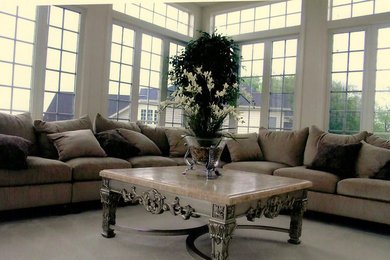 Living room - large transitional formal and enclosed carpeted and gray floor living room idea in DC Metro with white walls and no tv