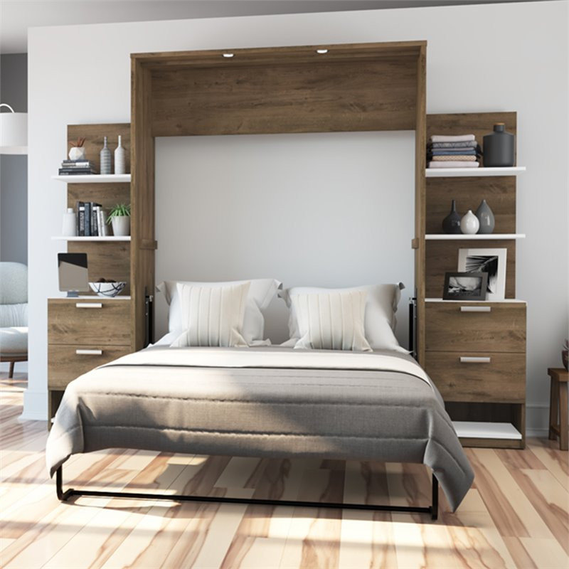 Cielo Queen Murphy Bed with Nightstands in Rustic Brown/White ...