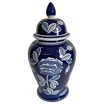 Ceramic 18" Flower Temple Jar, White/Blue