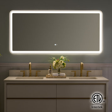 LED Bathroom Mirror with Lights, Soft Corners, Defogger and Dimmer, 60"x28", White